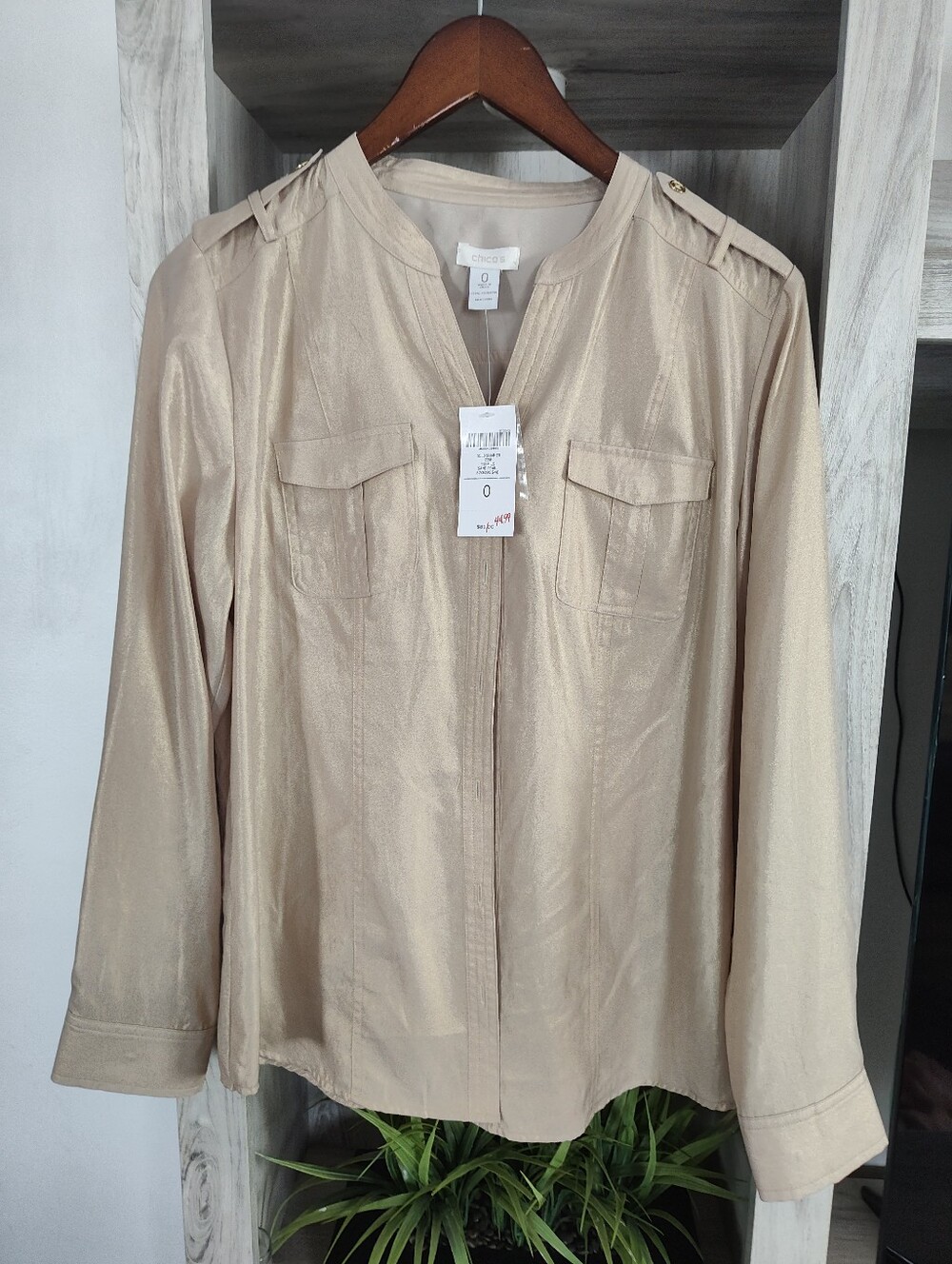 Chico's Shimmery Cream Utility-Style Zip Blouse SZ 0 New With Tags